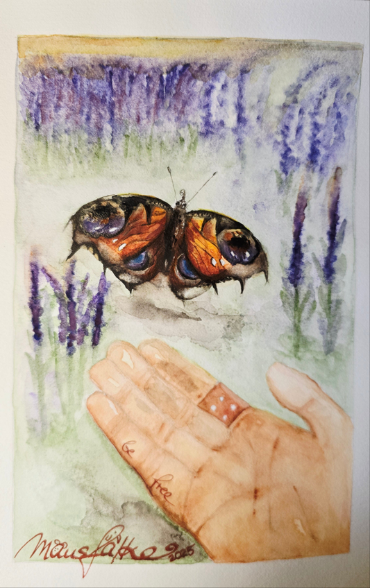 Kunstdruck Kleiner Schmetterling auf Aquarellpapier 17x24 cm, "Sei frei" (Druck)