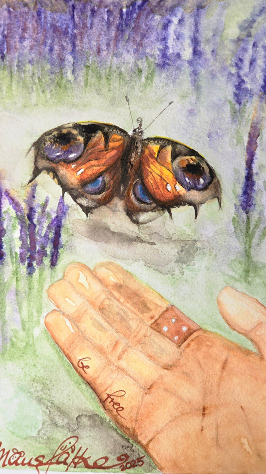 Kunstdruck Kleiner Schmetterling auf Aquarellpapier 17x24 cm, "Sei frei" (Druck)